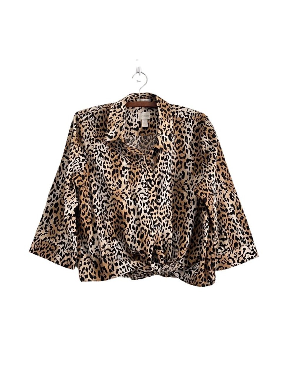 Chicos Womens Animal Print Front Tie No Iron Elastic Waist Button Shirt Size L